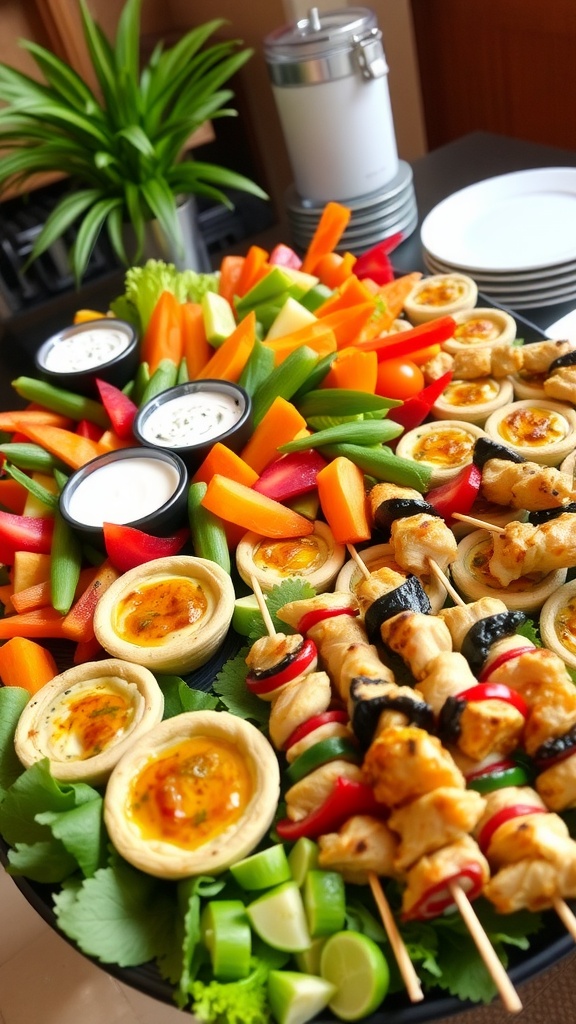 A colorful assortment of appetizers including vegetable dips, mini quiches, and chicken skewers on a serving platter.